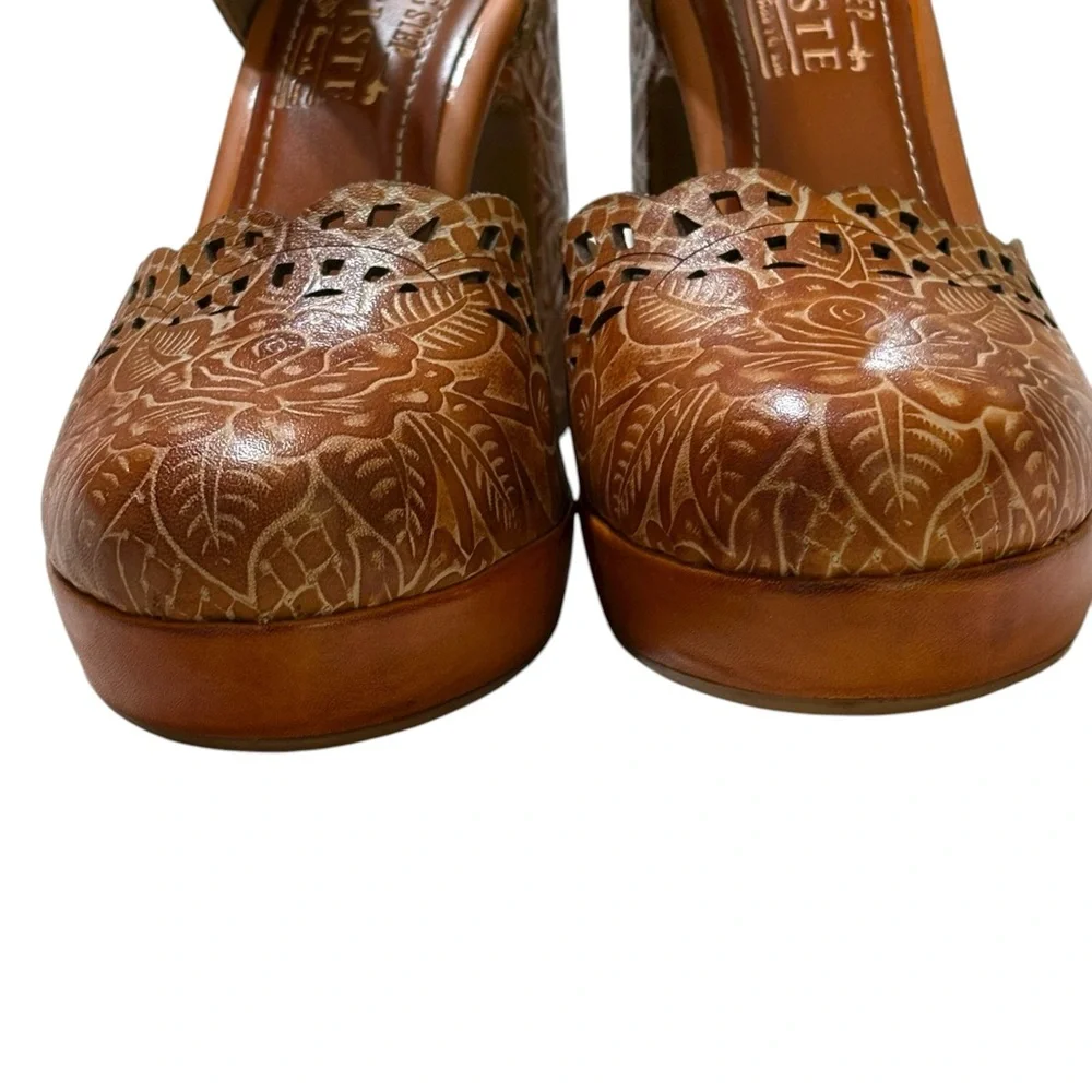 Spring Step Cognac Leather Platform Sandals with Carved Block Heel